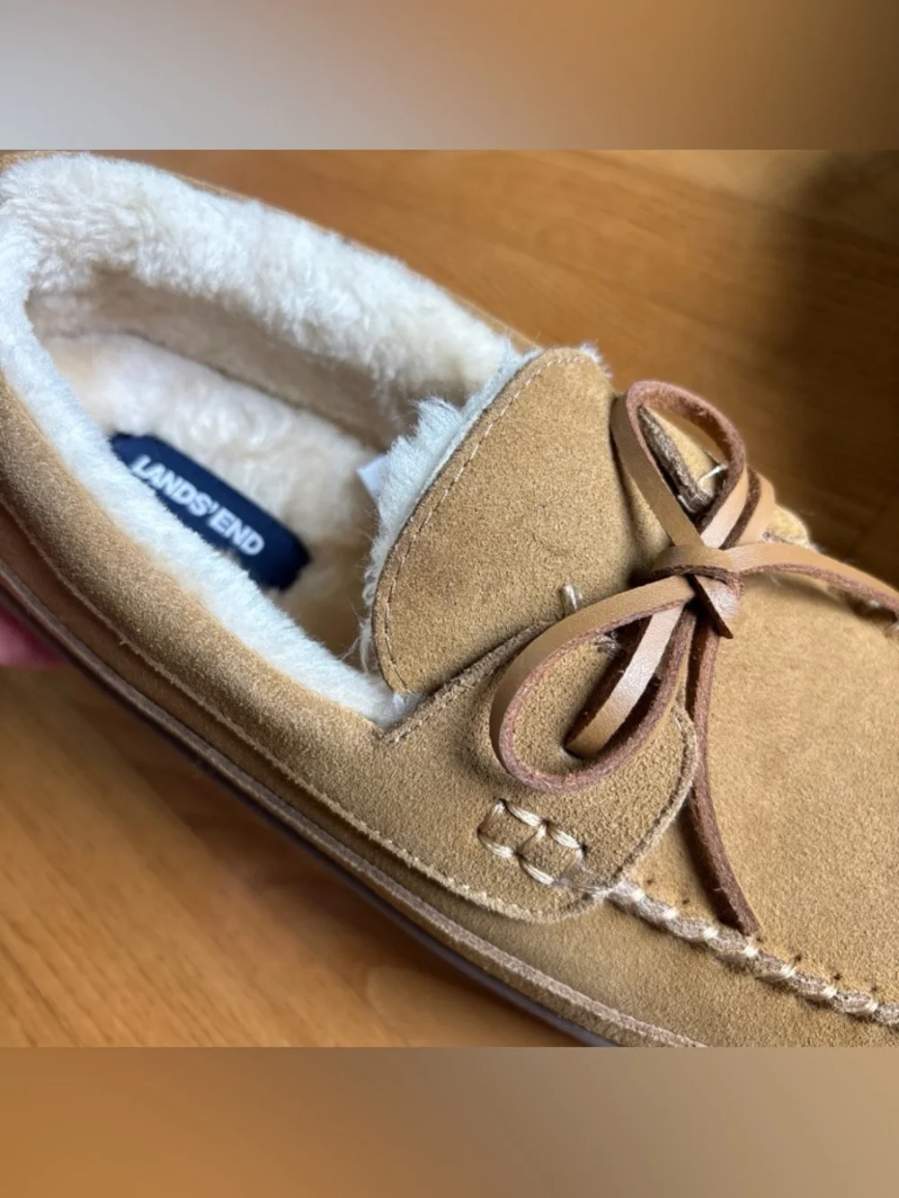 Lands End Mens Suede Moccasins Faux Fur Lined Slippers Brown English Tan Size 8M